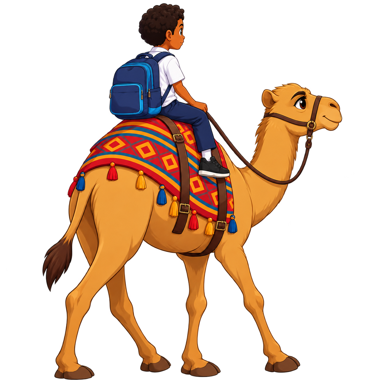 Child scholar riding a camel