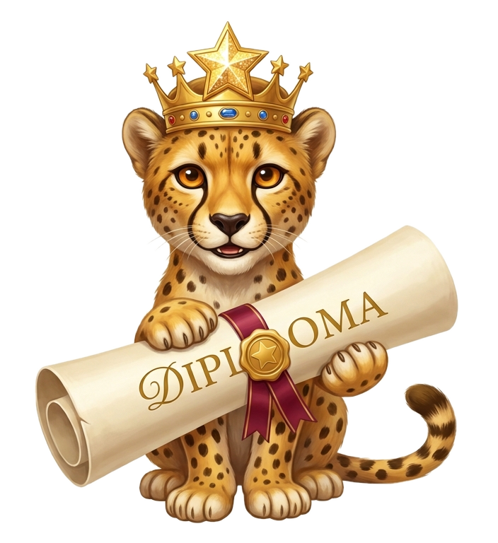 Cheetah scholar with crown and diploma